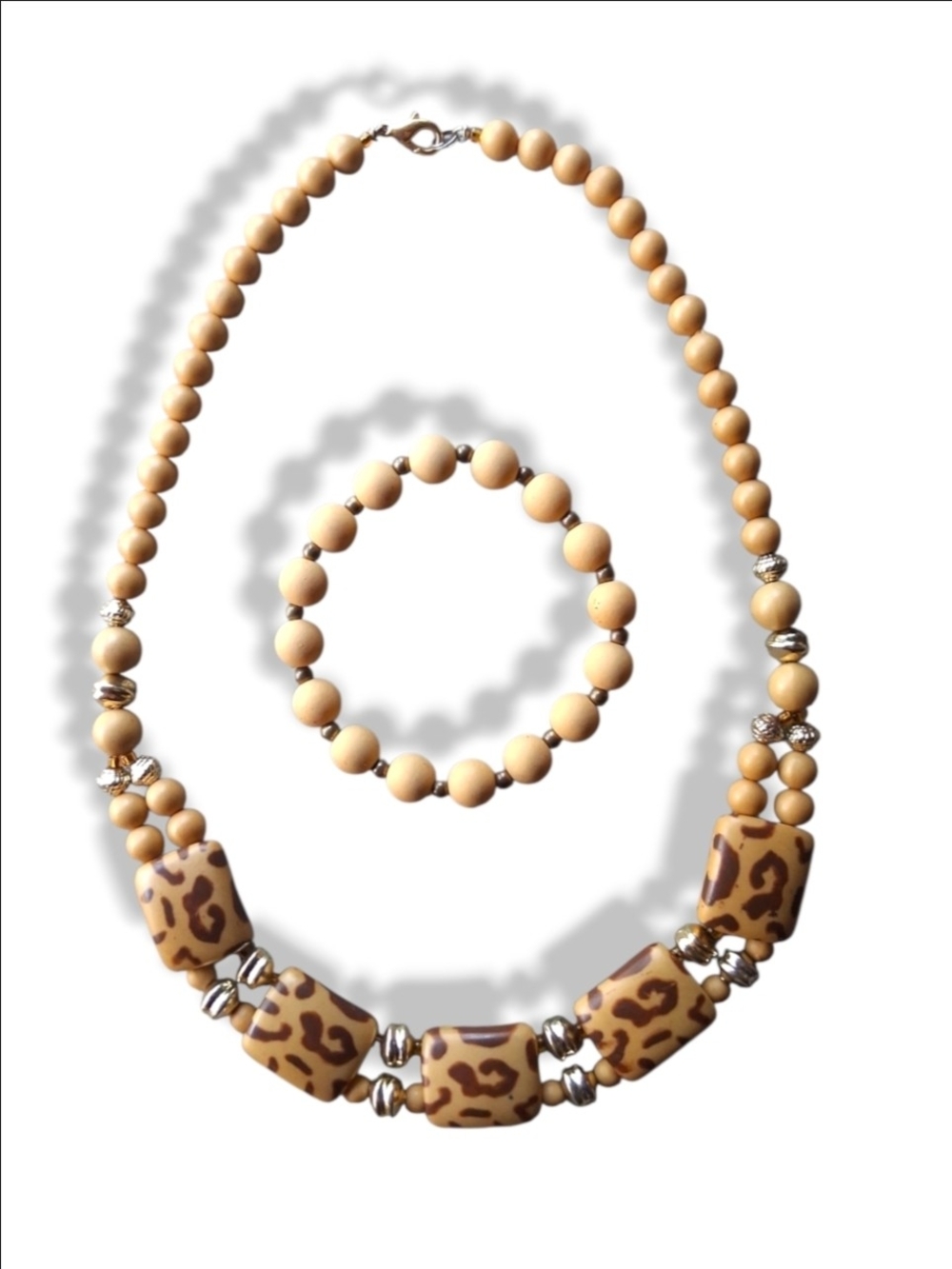 Beige Leopard Print Bead Necklace & Bracelet Set